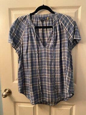 Polo by Ralph Lauren Blue and White Plaid Short-Sleeve Peasant Top